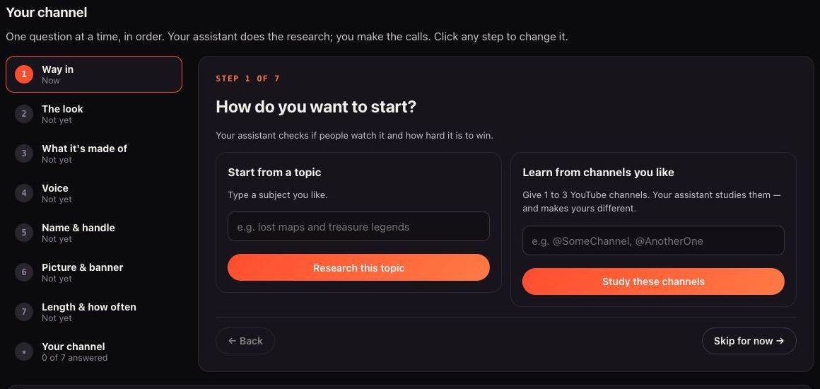 The Studio's channel setup: start from a topic or from channels you like